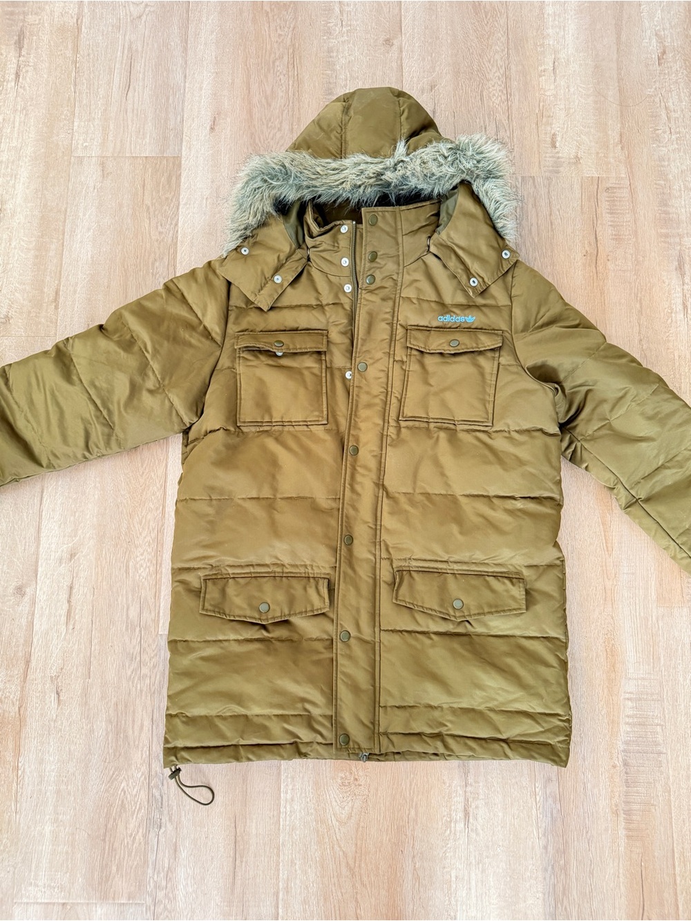 Men's Adidas Originals Olive Green Faux Fur Trim Hooded Parka Jacket Size 50